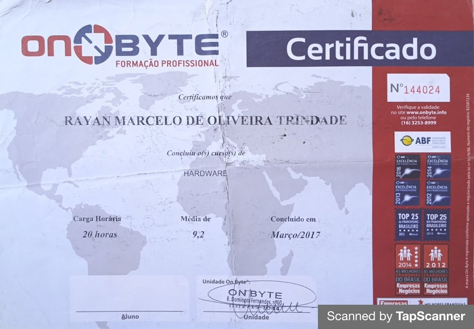 Certificado de conclusão do curso técnico em Hardware da Onbyte, representando a especialização de Rayan em manutenção de computadores.